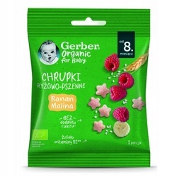 Gerber Organic Chrupki ryżowo pszenne banan,  malina dla niemowląt po 8.  miesiącu - 7 g