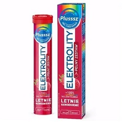 Plusssz Elektrolity + 100%  Multiwitamina tabletki musujące smak malina i granat, 24 sztuki *